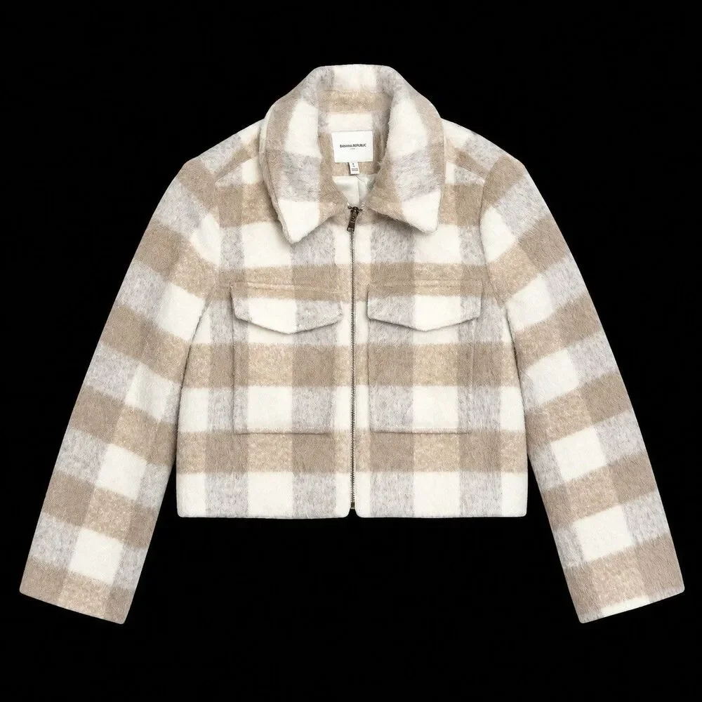 Banana Republic Neutral Plaid Boucle Cropped Zip Jacket Women PL Wool Blend